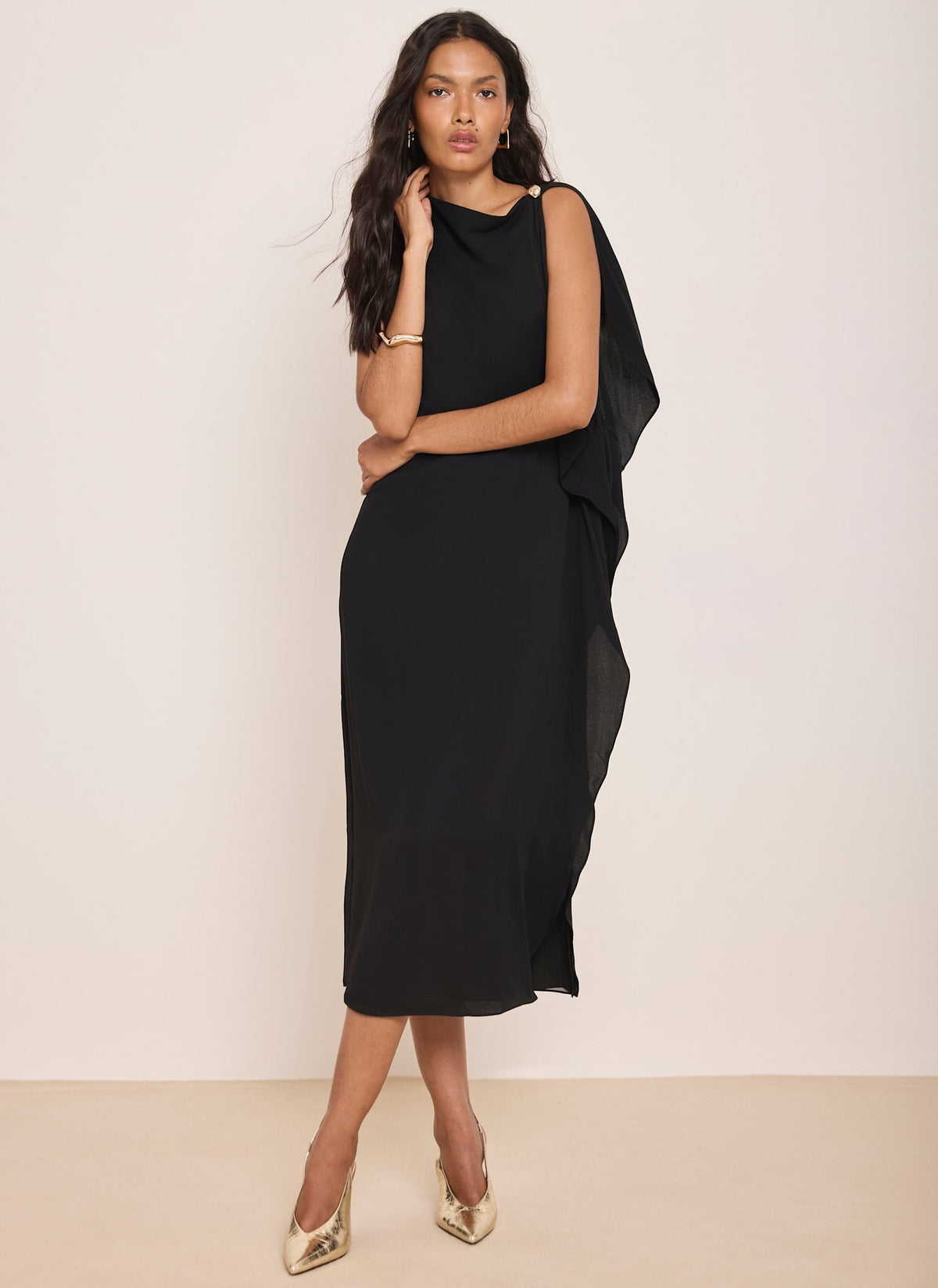 Black Midi Dress with Ruffle Detail