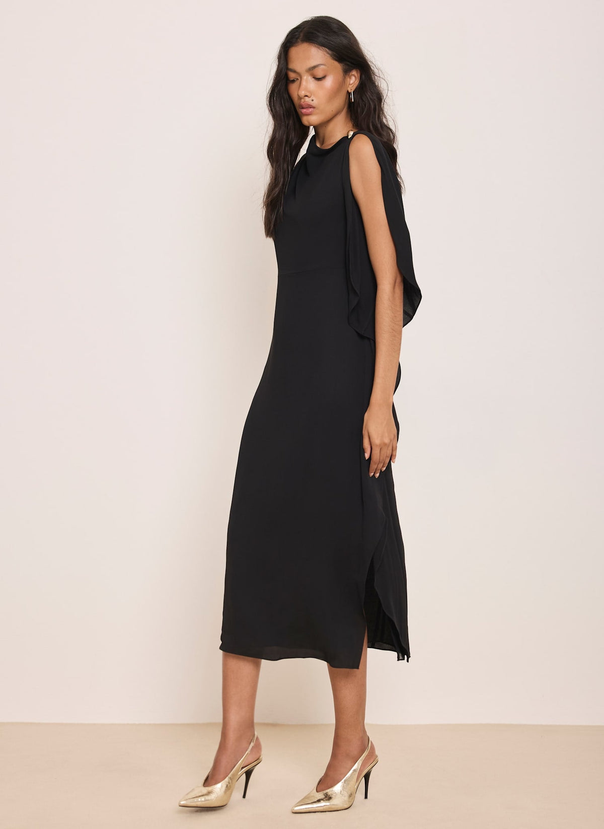 Black Midi Dress with Ruffle Detail
