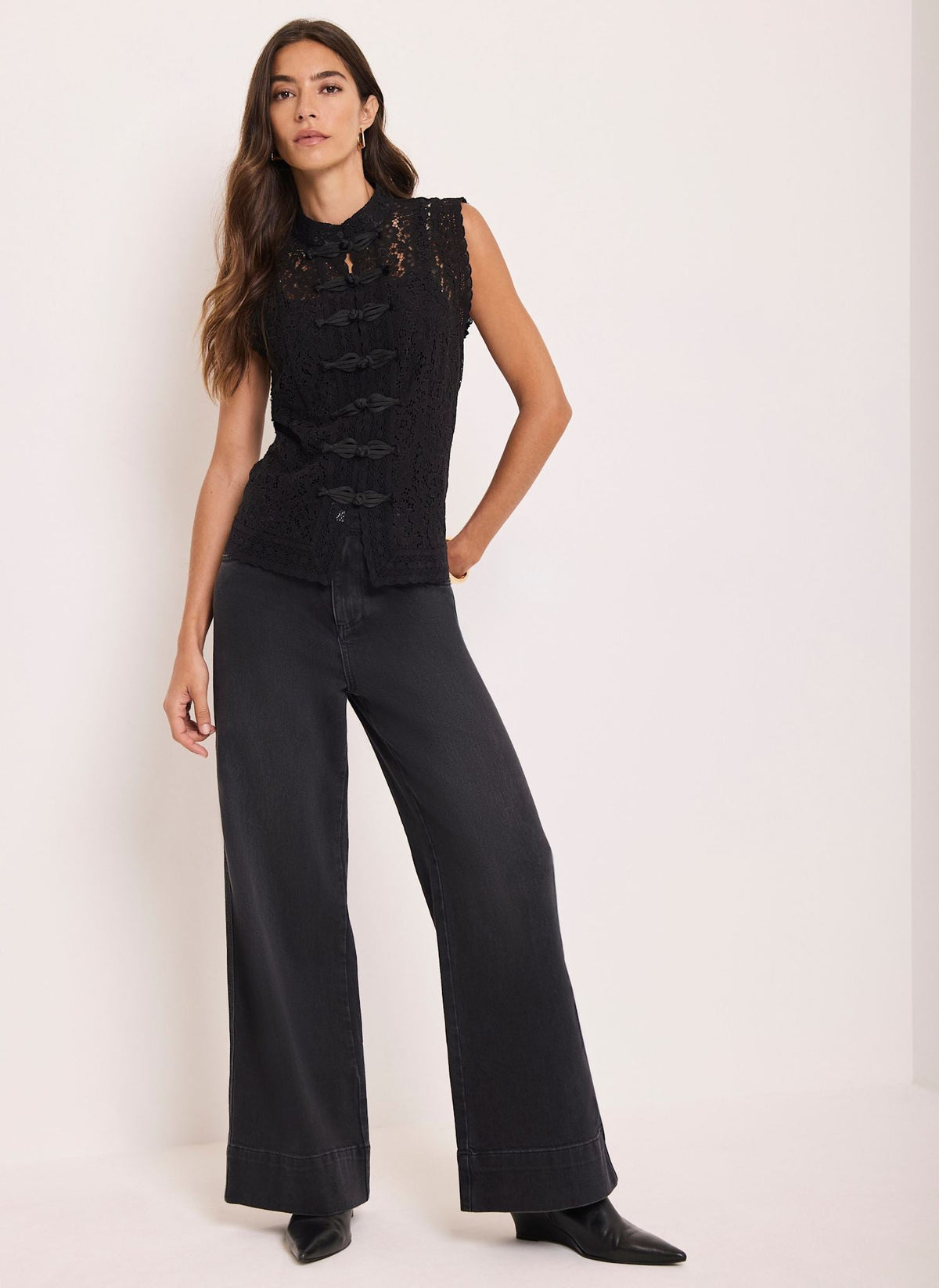Black Mandarin Collar Lace Top