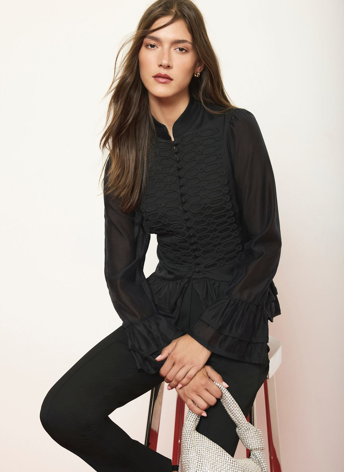 Black Ruffle Blouse with Frogging Detail