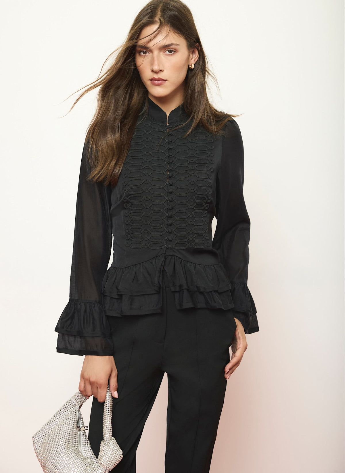 Black Ruffle Blouse with Frogging Detail
