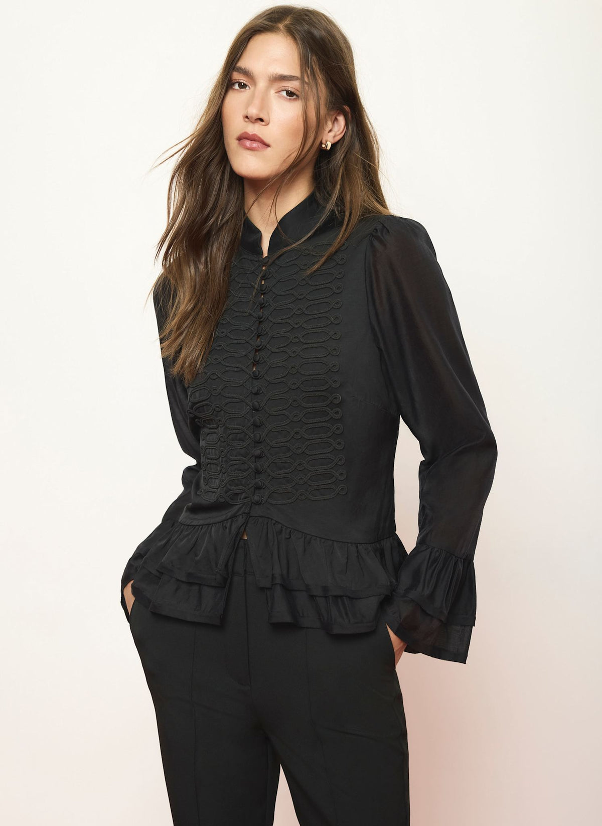 Black Ruffle Blouse with Frogging Detail