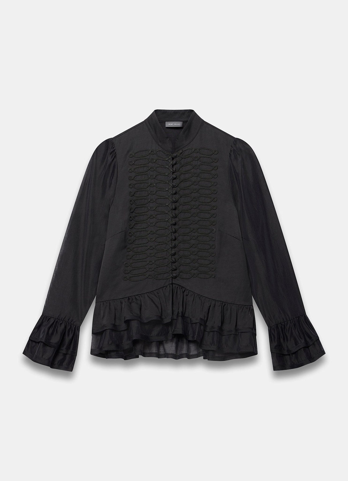 Black Ruffle Blouse with Frogging Detail