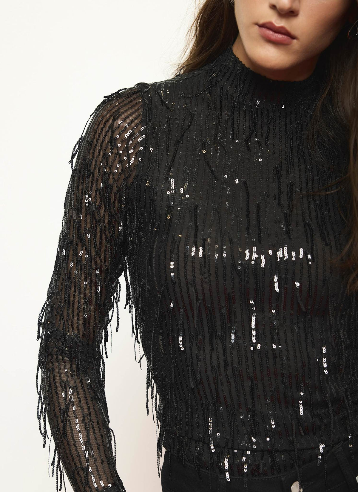 Black Sequin Top with Fringe Detail