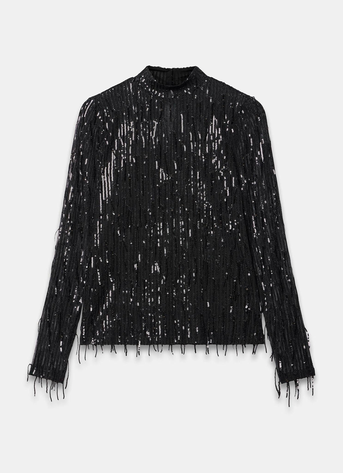 Black Sequin Top with Fringe Detail