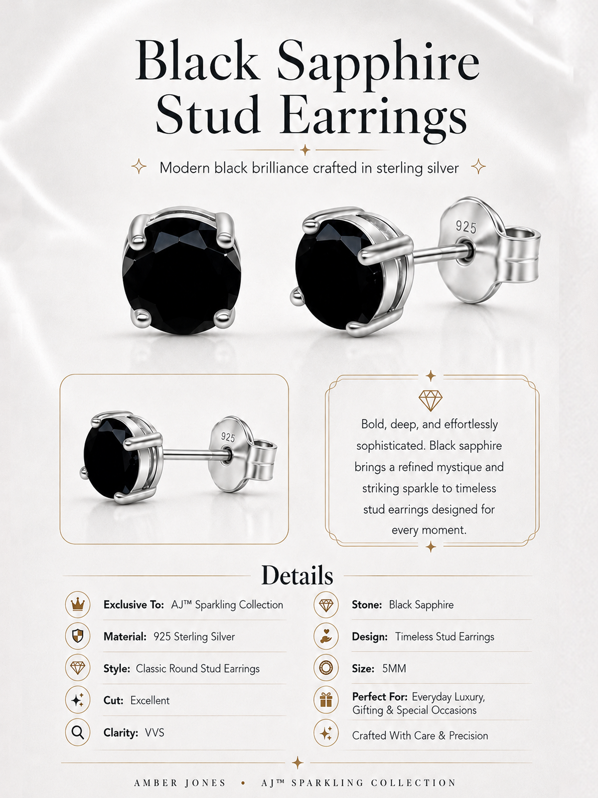 925 Sterling Silver Black Sapphire Stud Earrings