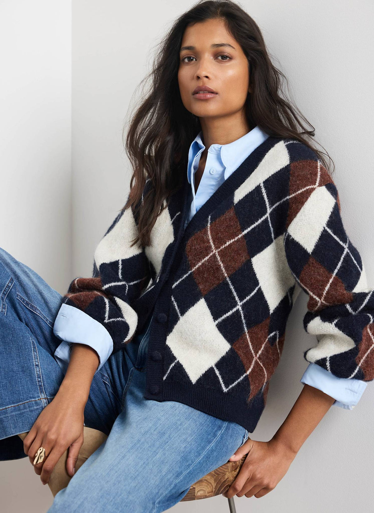Navy Knit Cardigan with Argyle Pattern