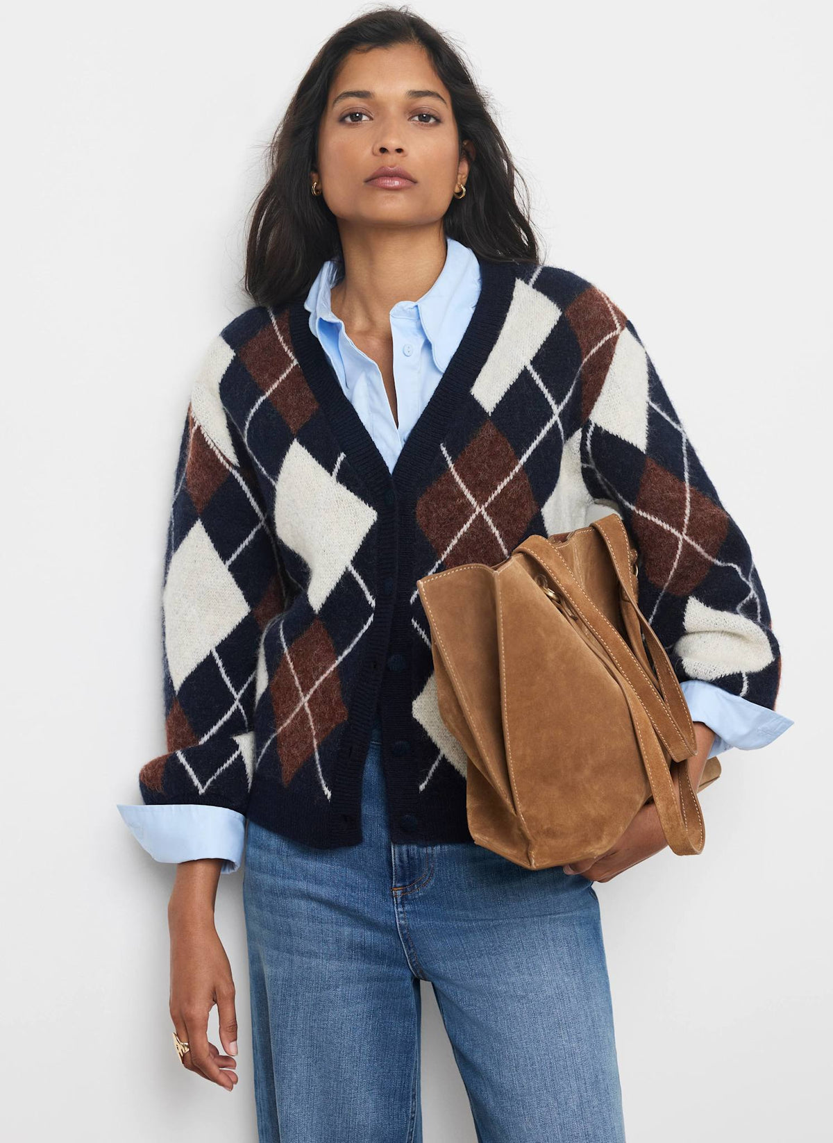 Navy Knit Cardigan with Argyle Pattern