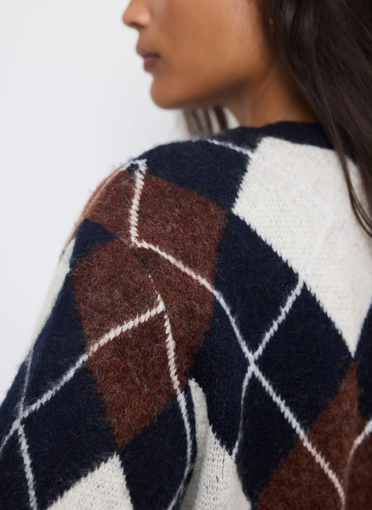 Navy Knit Cardigan with Argyle Pattern