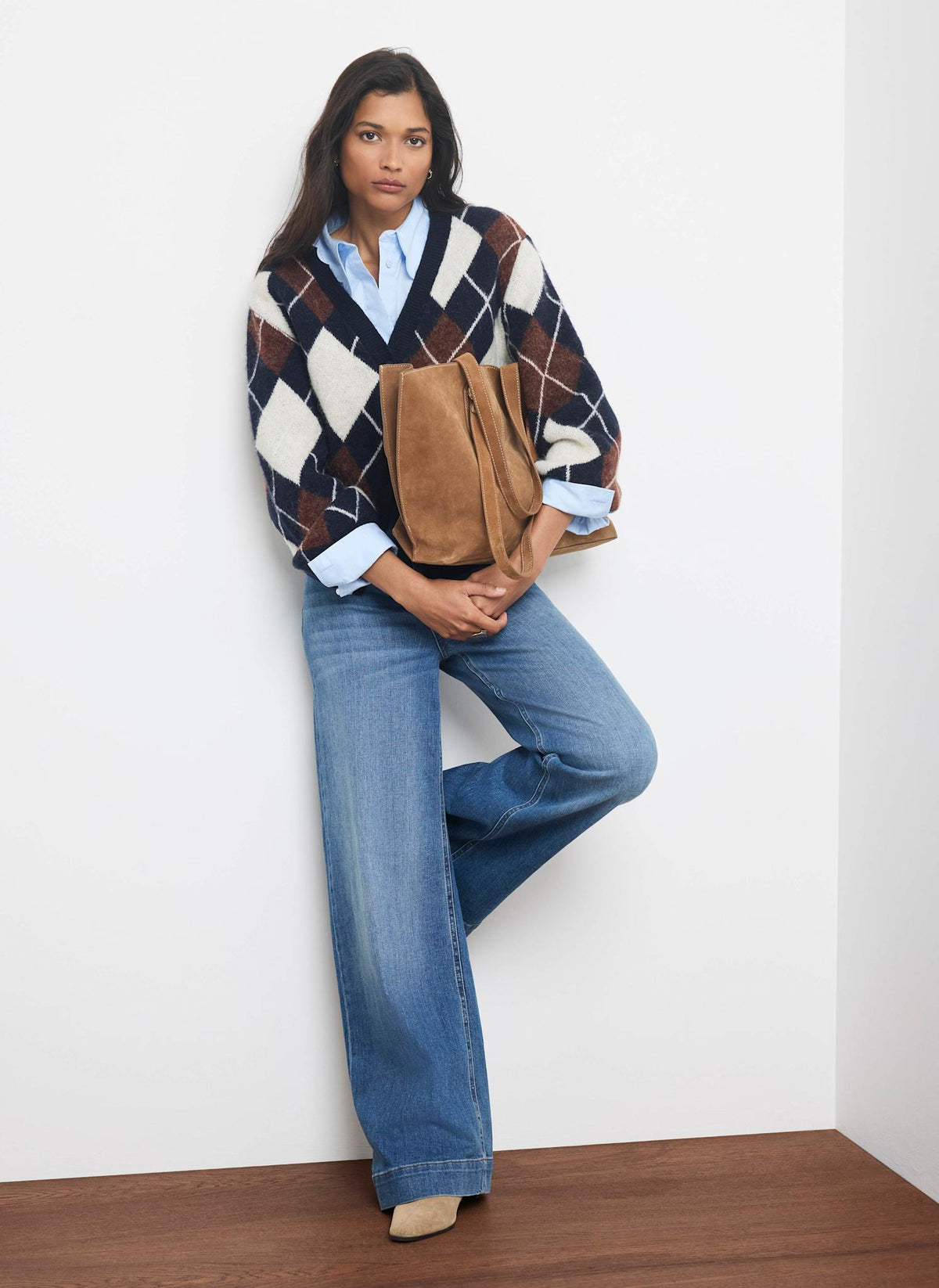 Navy Knit Cardigan with Argyle Pattern
