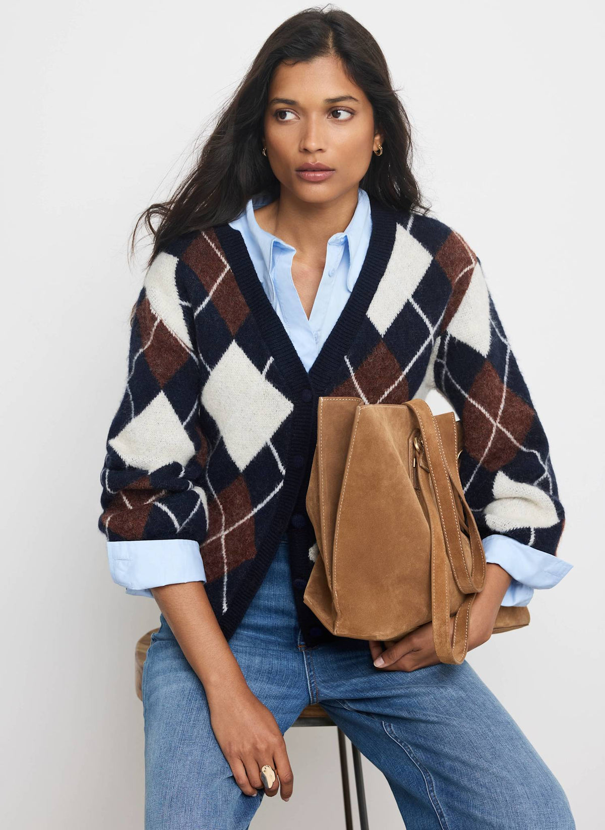 Navy Knit Cardigan with Argyle Pattern