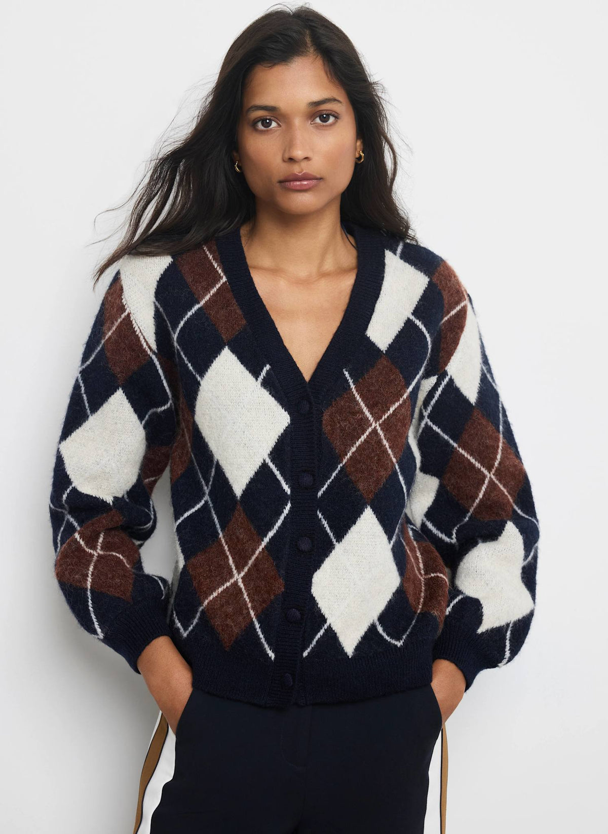 Navy Knit Cardigan with Argyle Pattern