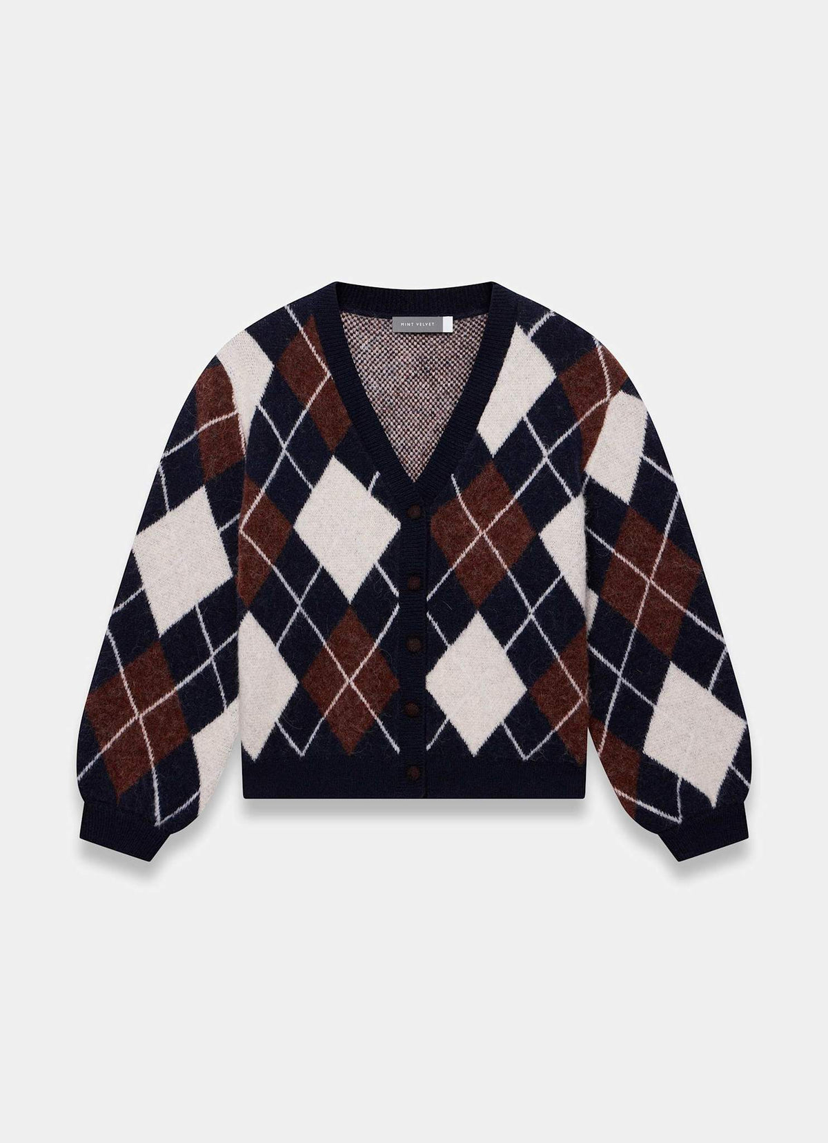 Navy Knit Cardigan with Argyle Pattern
