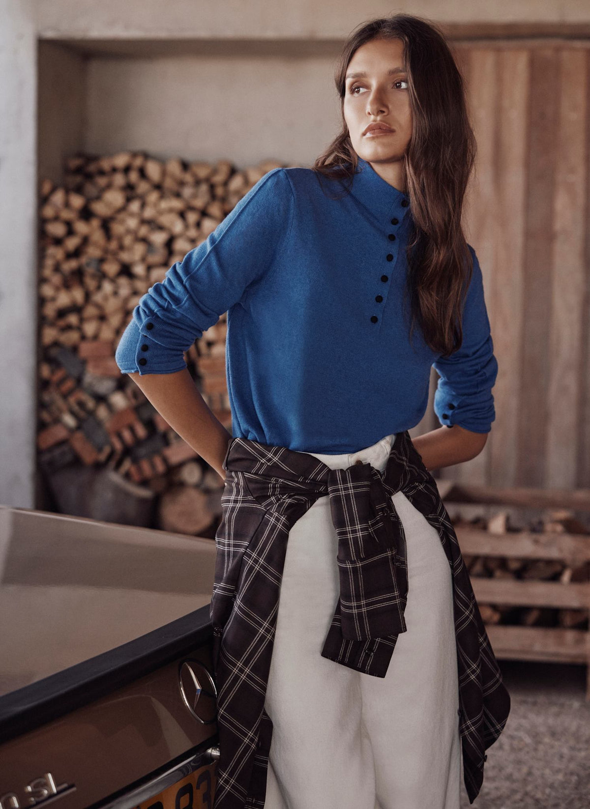 Blue Knit Top with Funnel Neck
