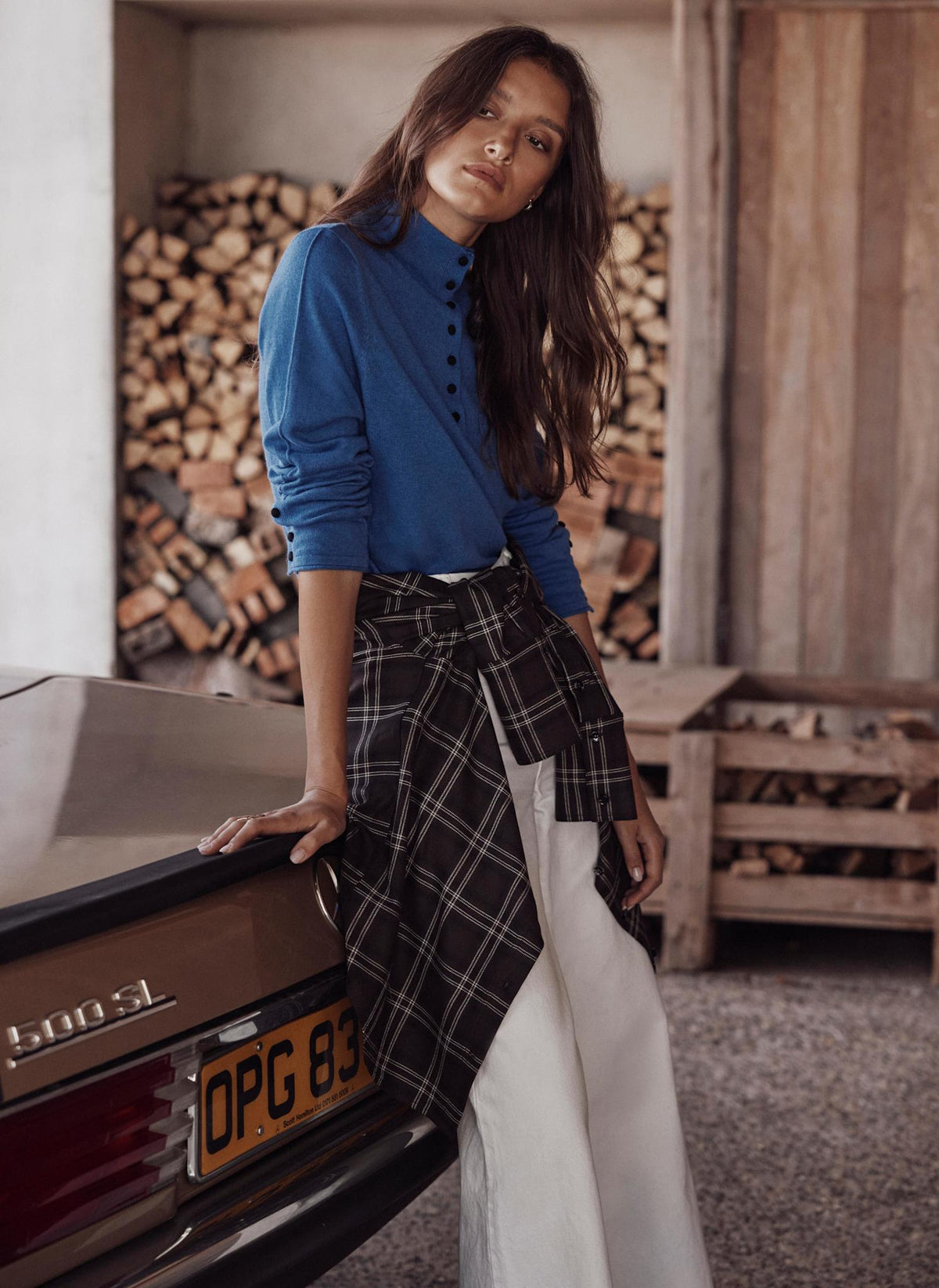 Blue Knit Top with Funnel Neck