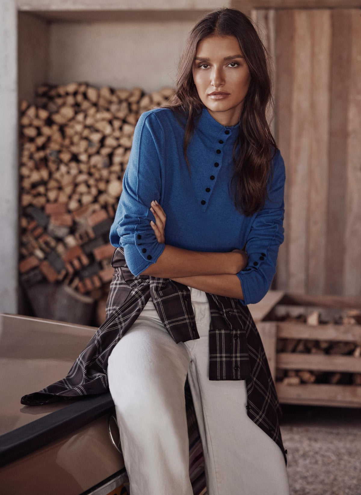 Blue Knit Top with Funnel Neck