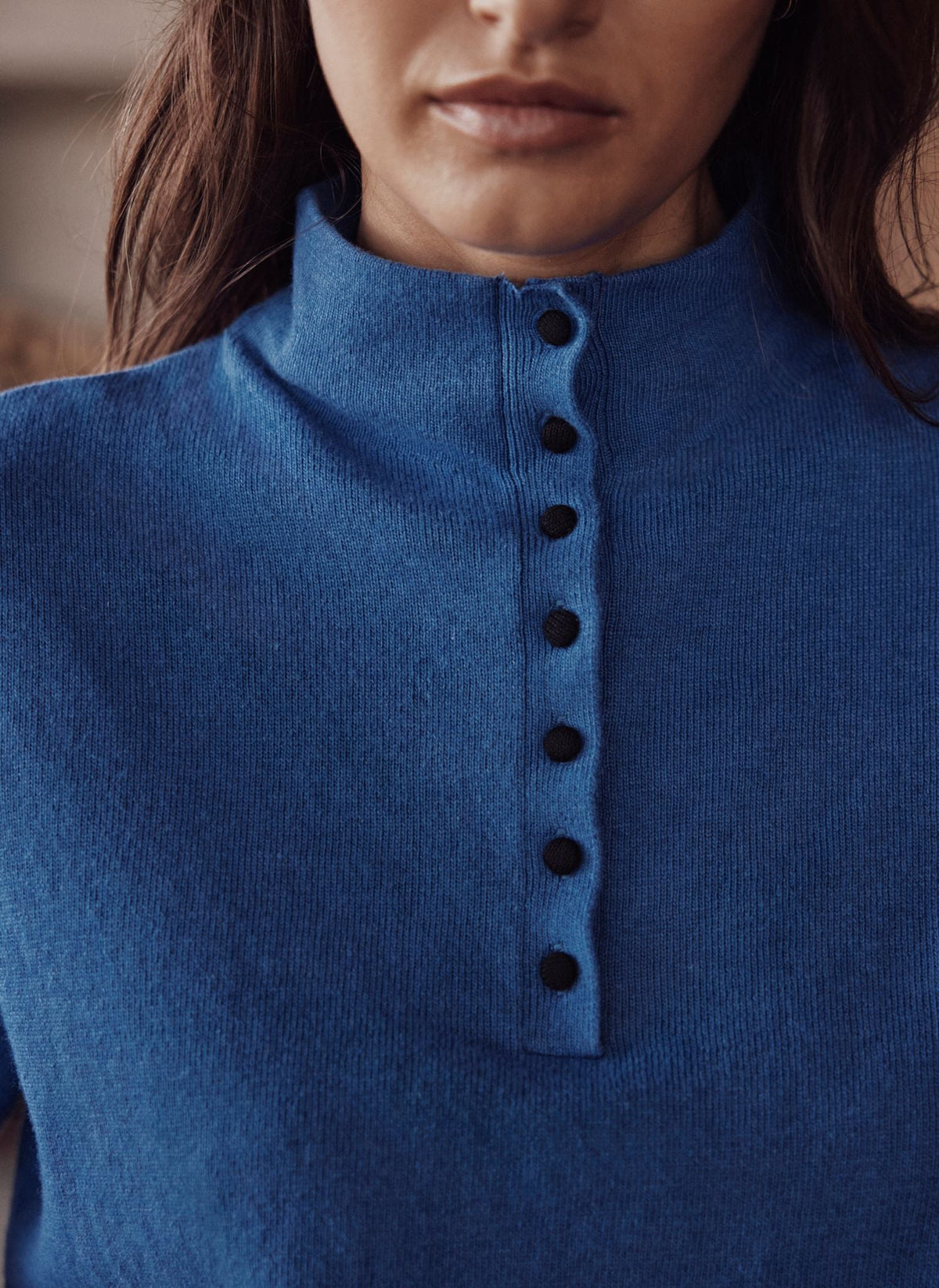 Blue Knit Top with Funnel Neck