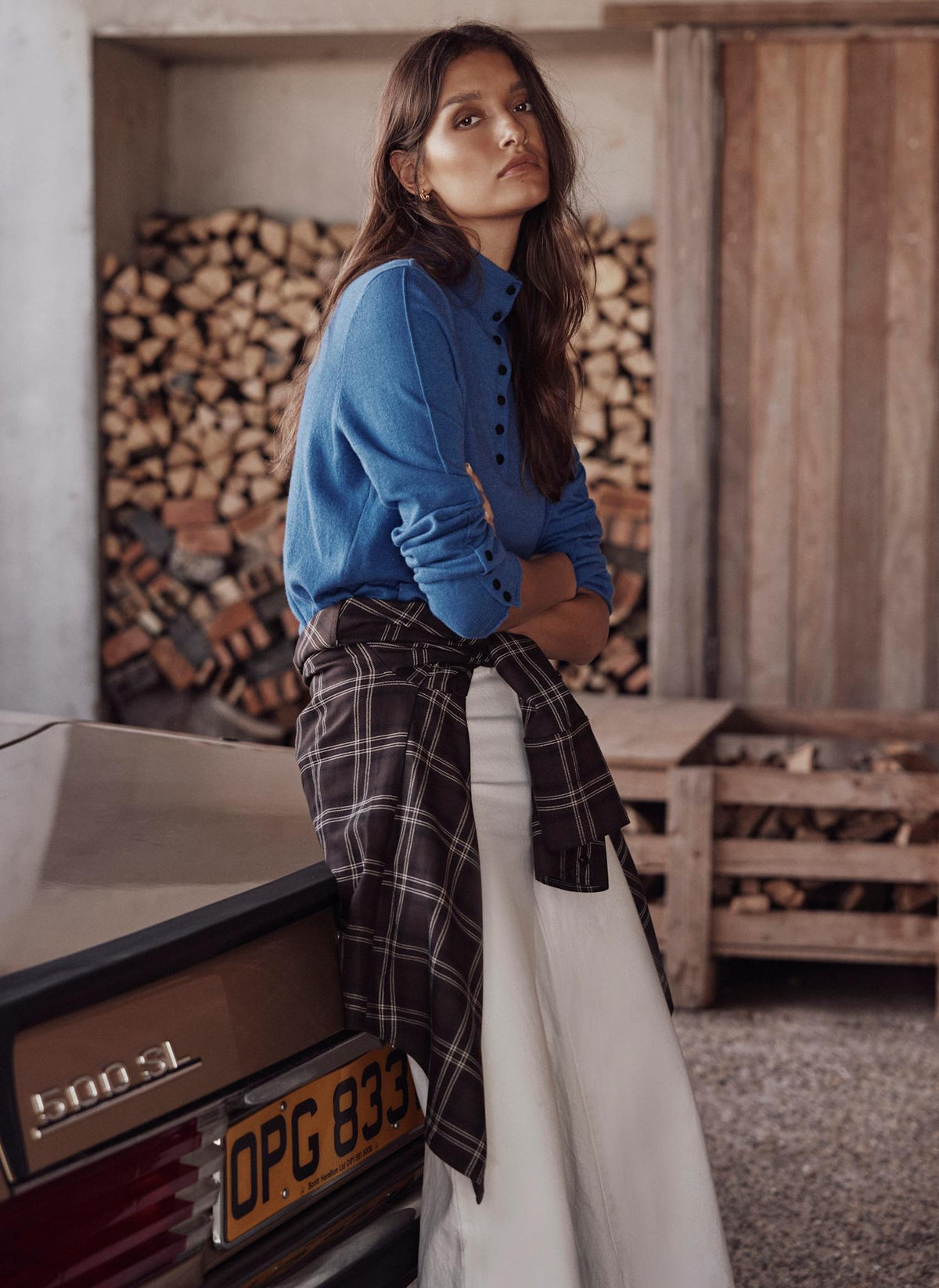 Blue Knit Top with Funnel Neck