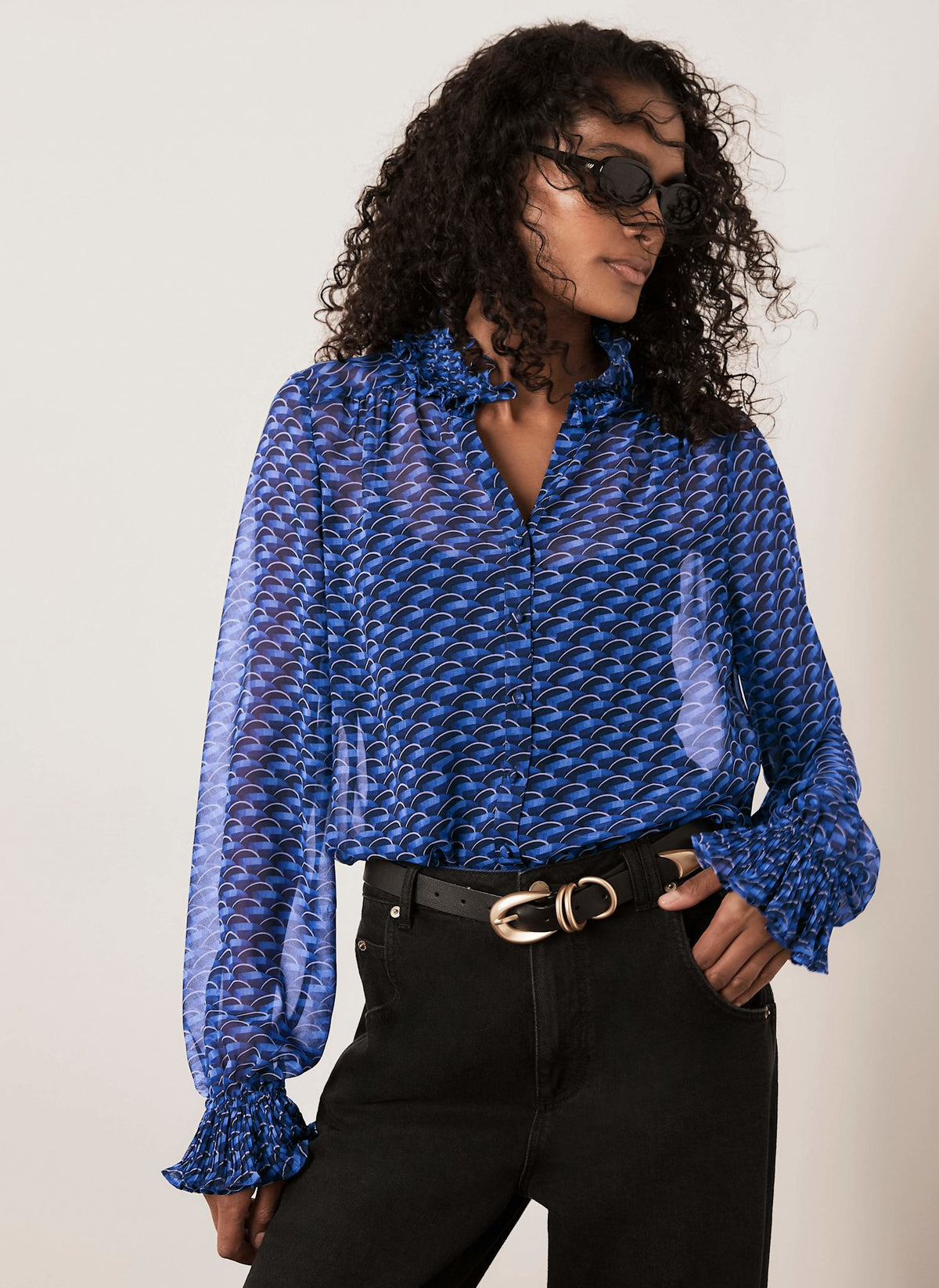 Blue Geometric Print Blouse with Ruffle Collar