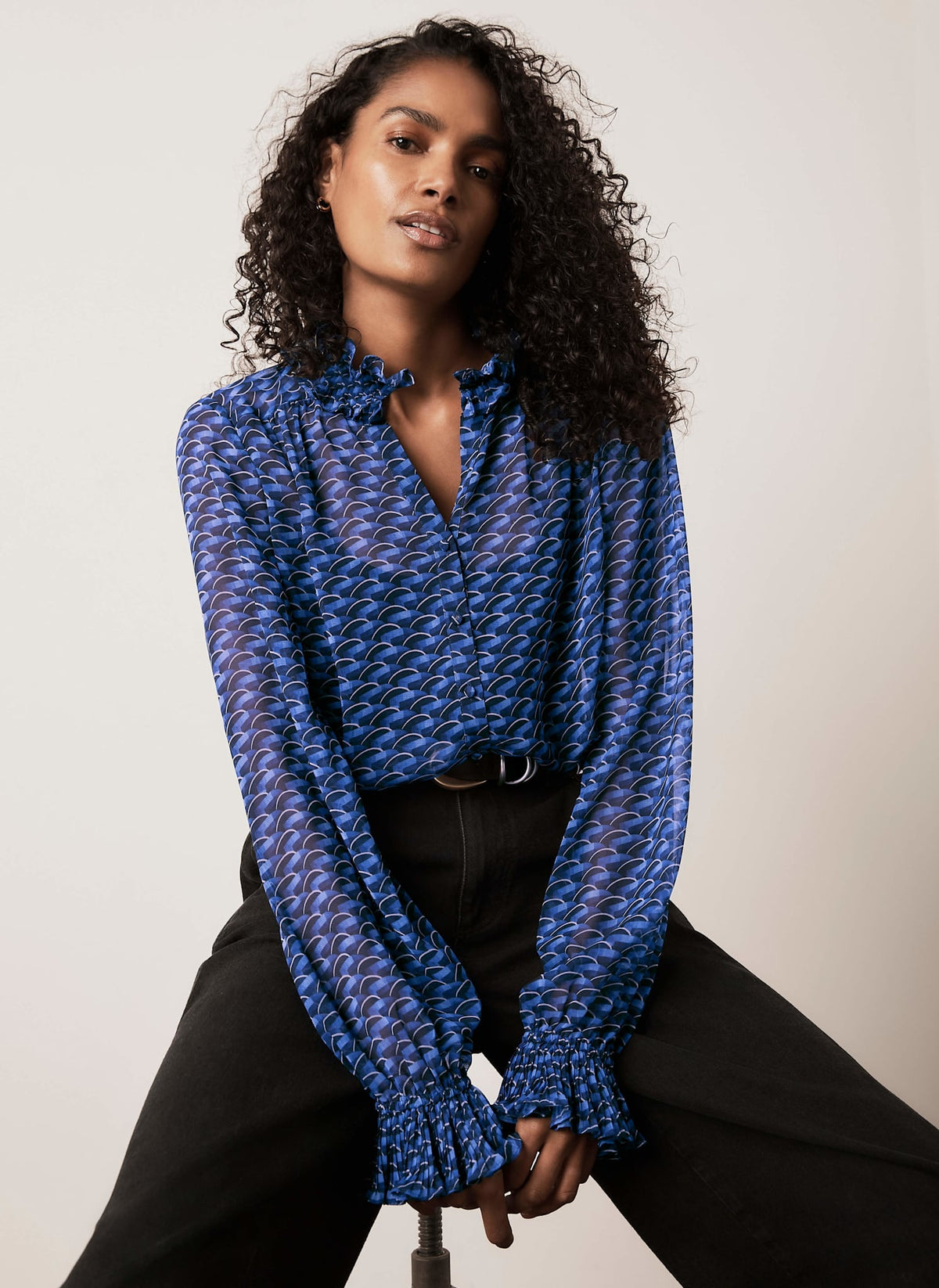 Blue Geometric Print Blouse with Ruffle Collar