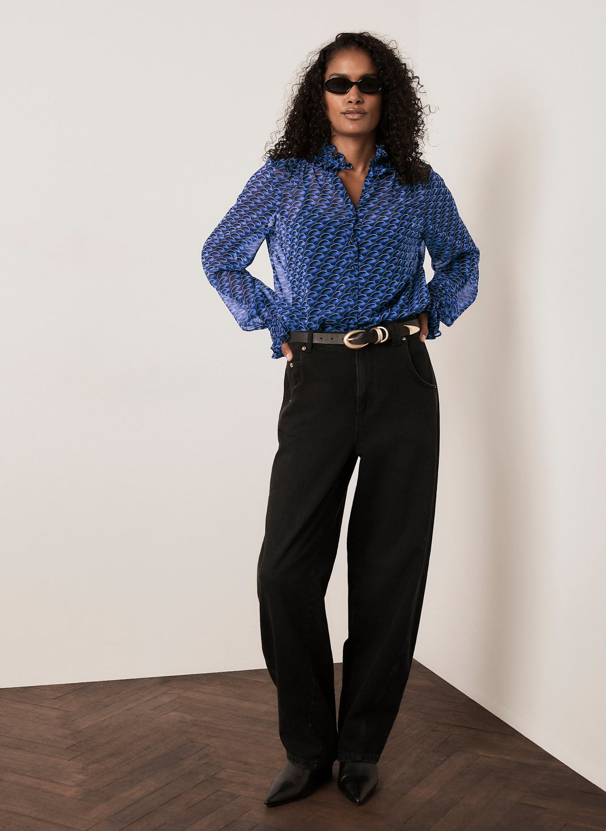 Blue Geometric Print Blouse with Ruffle Collar