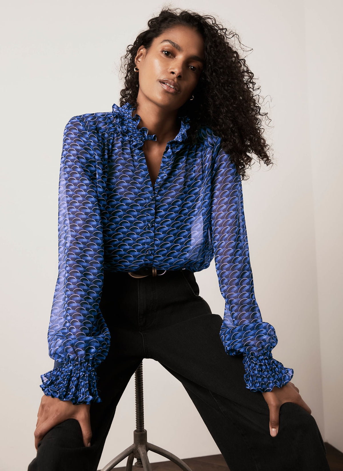 Blue Geometric Print Blouse with Ruffle Collar