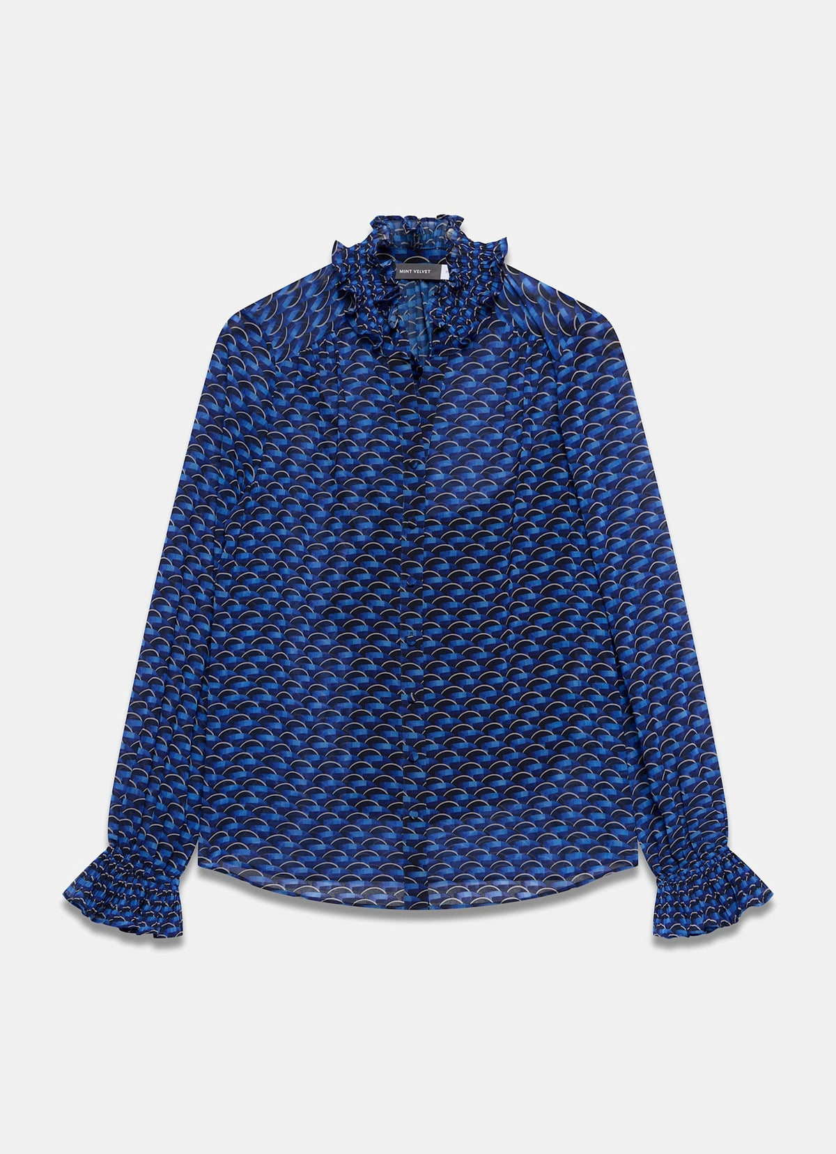 Blue Geometric Print Blouse with Ruffle Collar