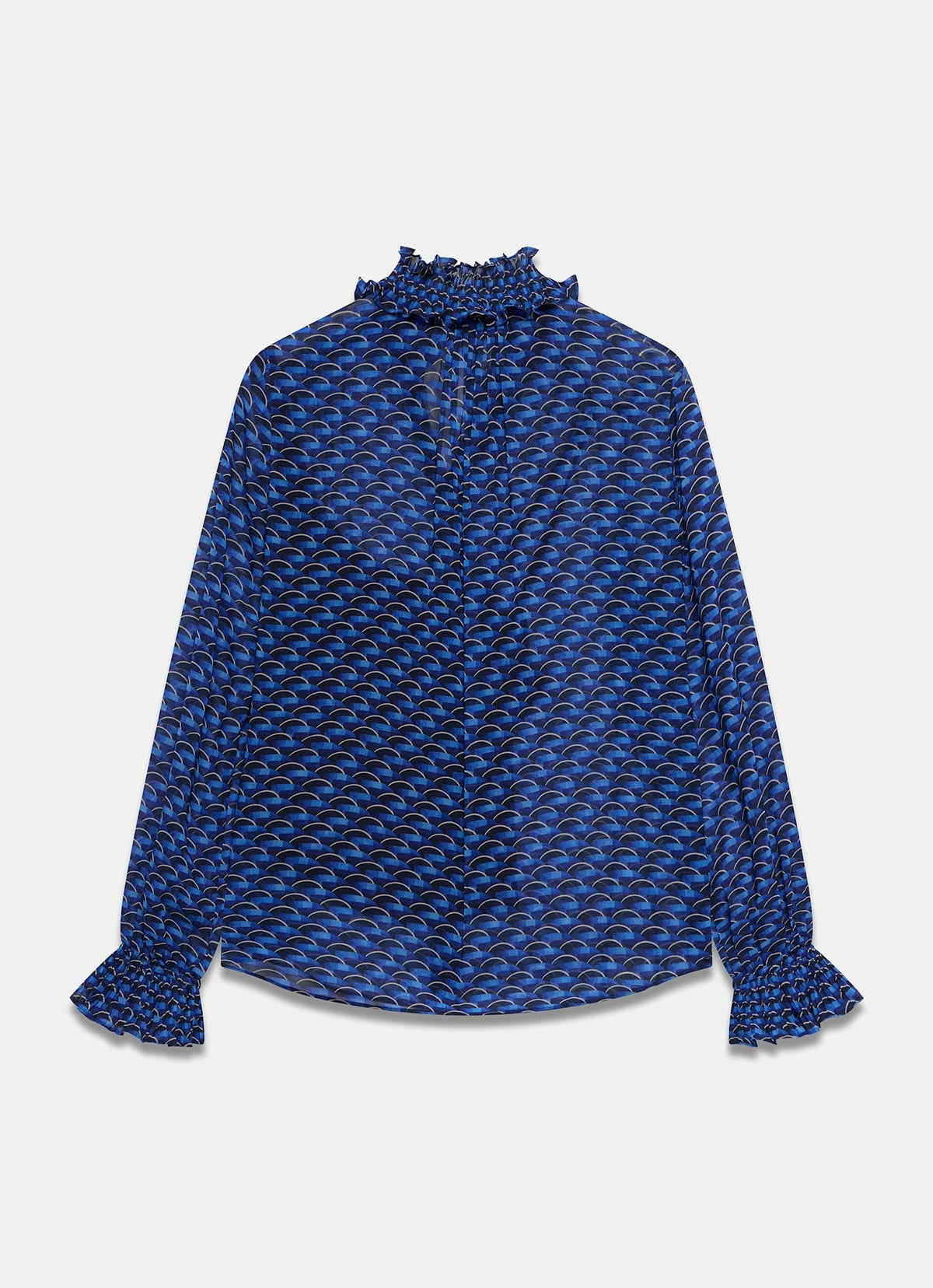 Blue Geometric Print Blouse with Ruffle Collar