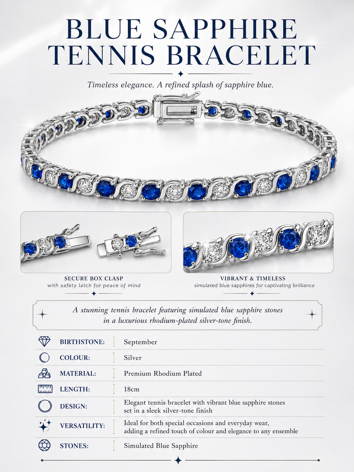 Rhodium Plated Blue Sapphire Tennis Bracelet