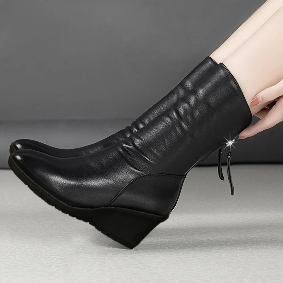Boots For Women | Black Mid-Calf Wedge with Side Zip
