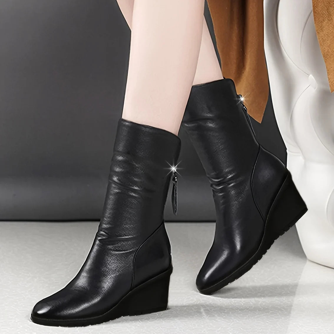 Boots For Women | Black Mid-Calf Wedge with Side Zip