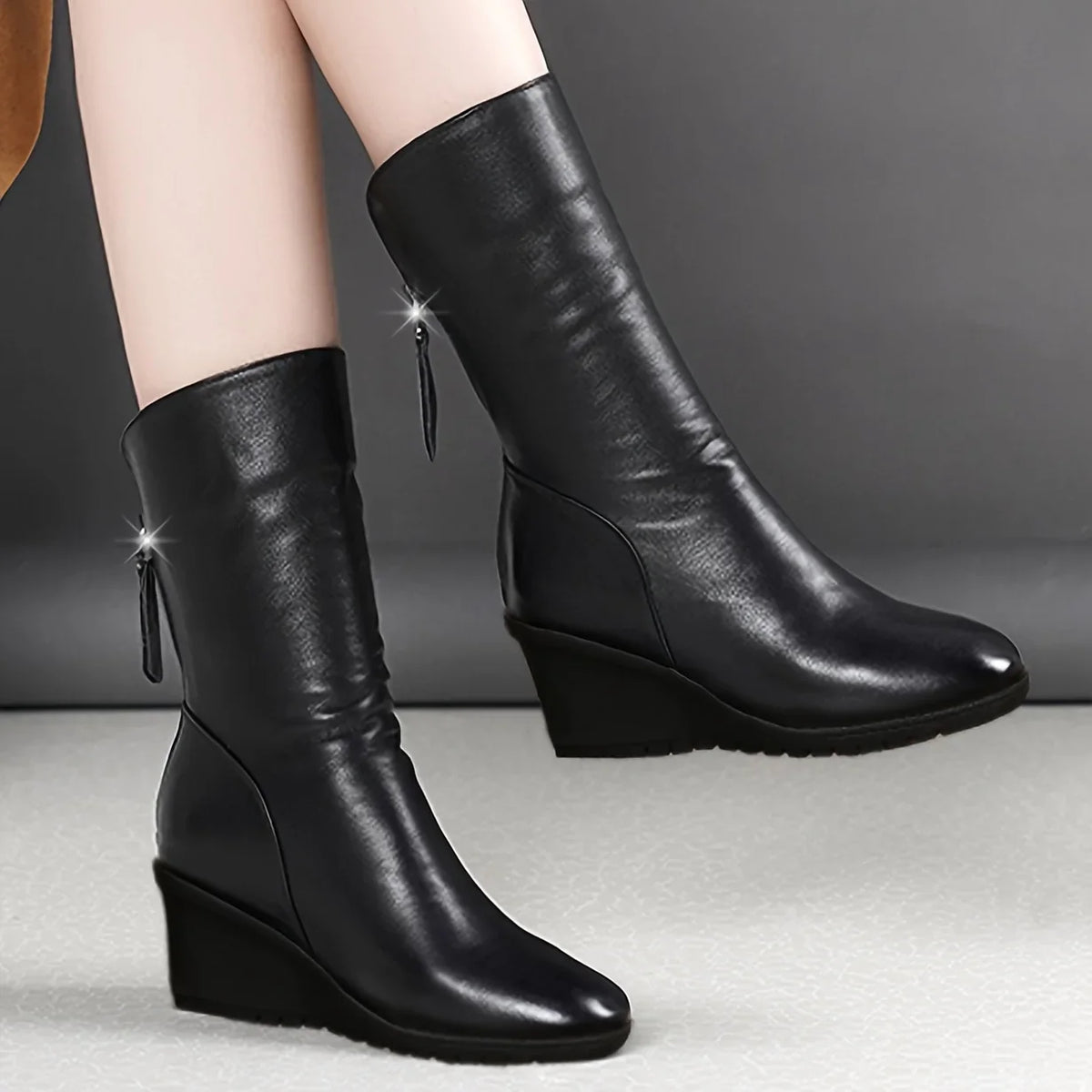Boots For Women | Black Mid-Calf Wedge with Side Zip