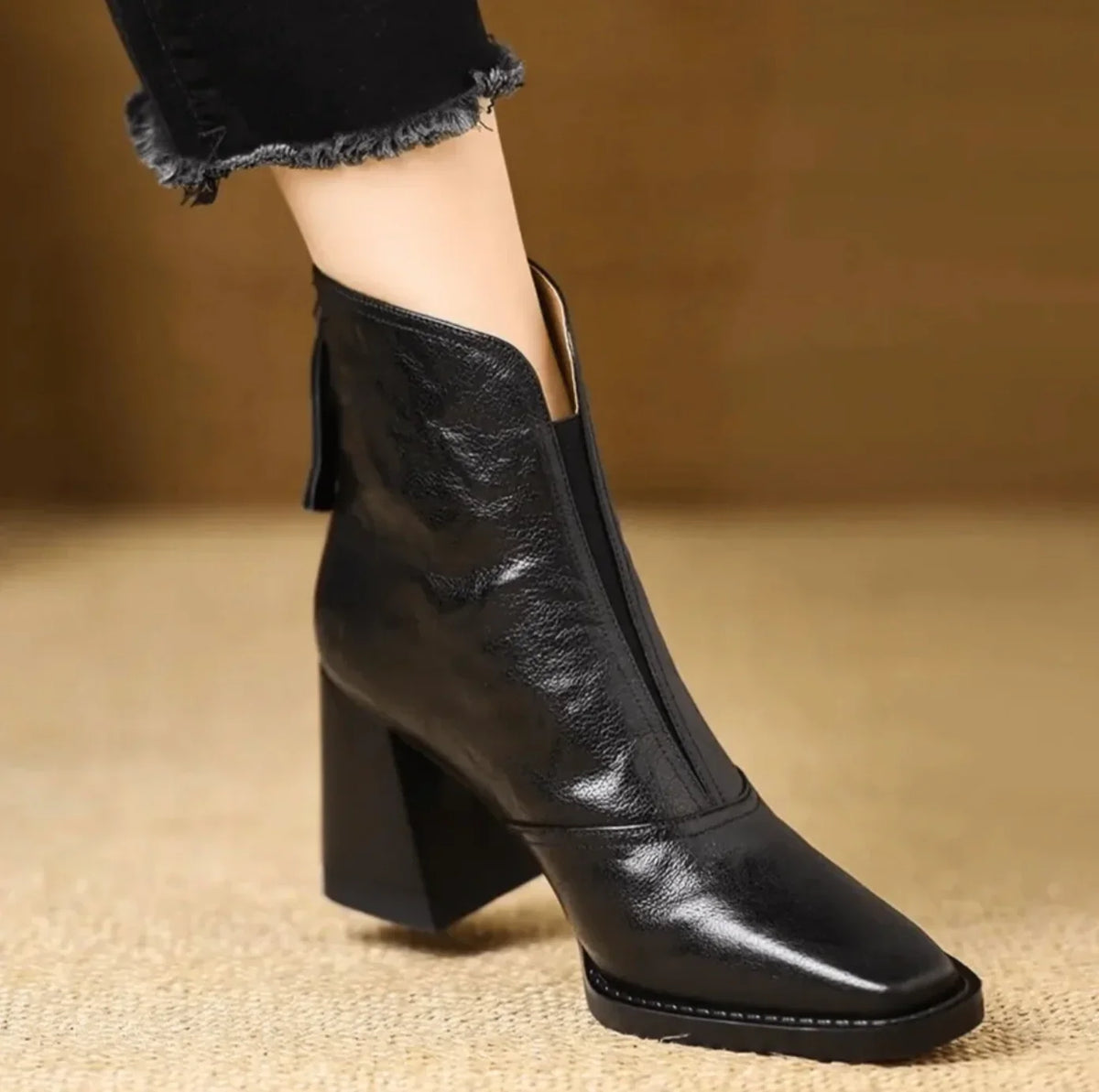 Boots For Women | Square Toe Leather Block Heel Ankle
