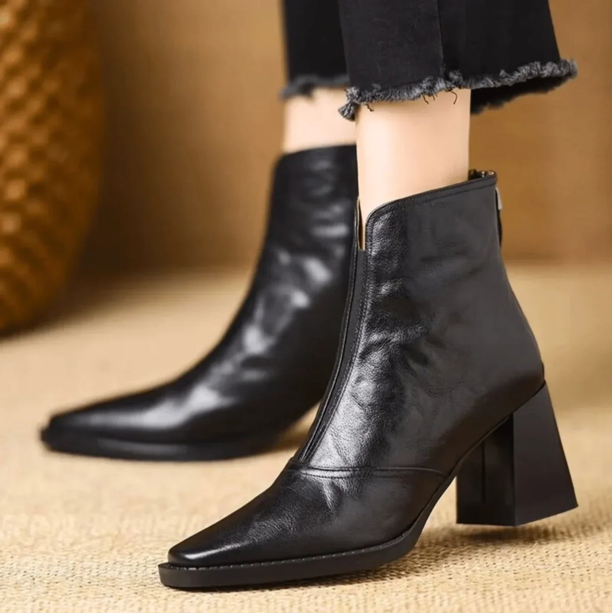 Boots For Women | Square Toe Leather Block Heel Ankle