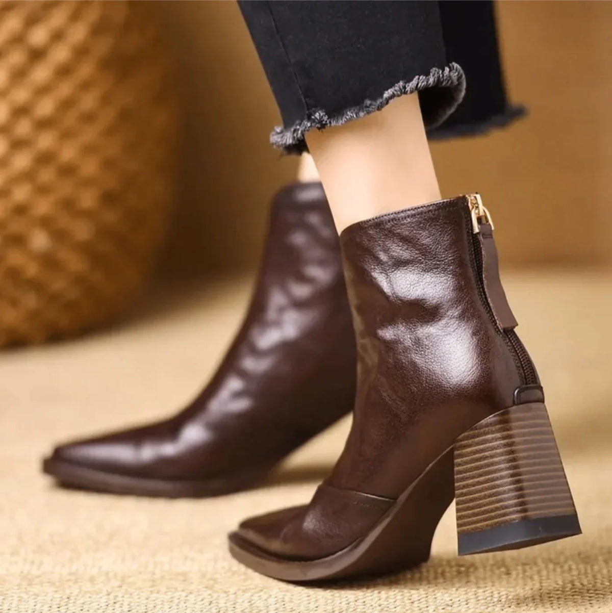 Boots For Women | Square Toe Leather Block Heel Ankle