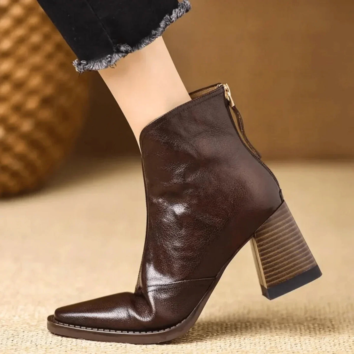 Boots For Women | Square Toe Leather Block Heel Ankle