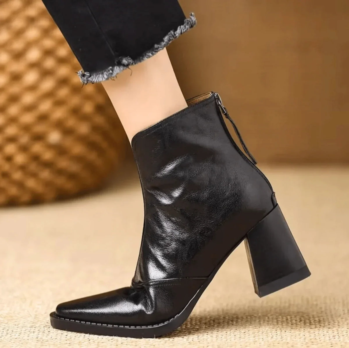 Boots For Women | Square Toe Leather Block Heel Ankle