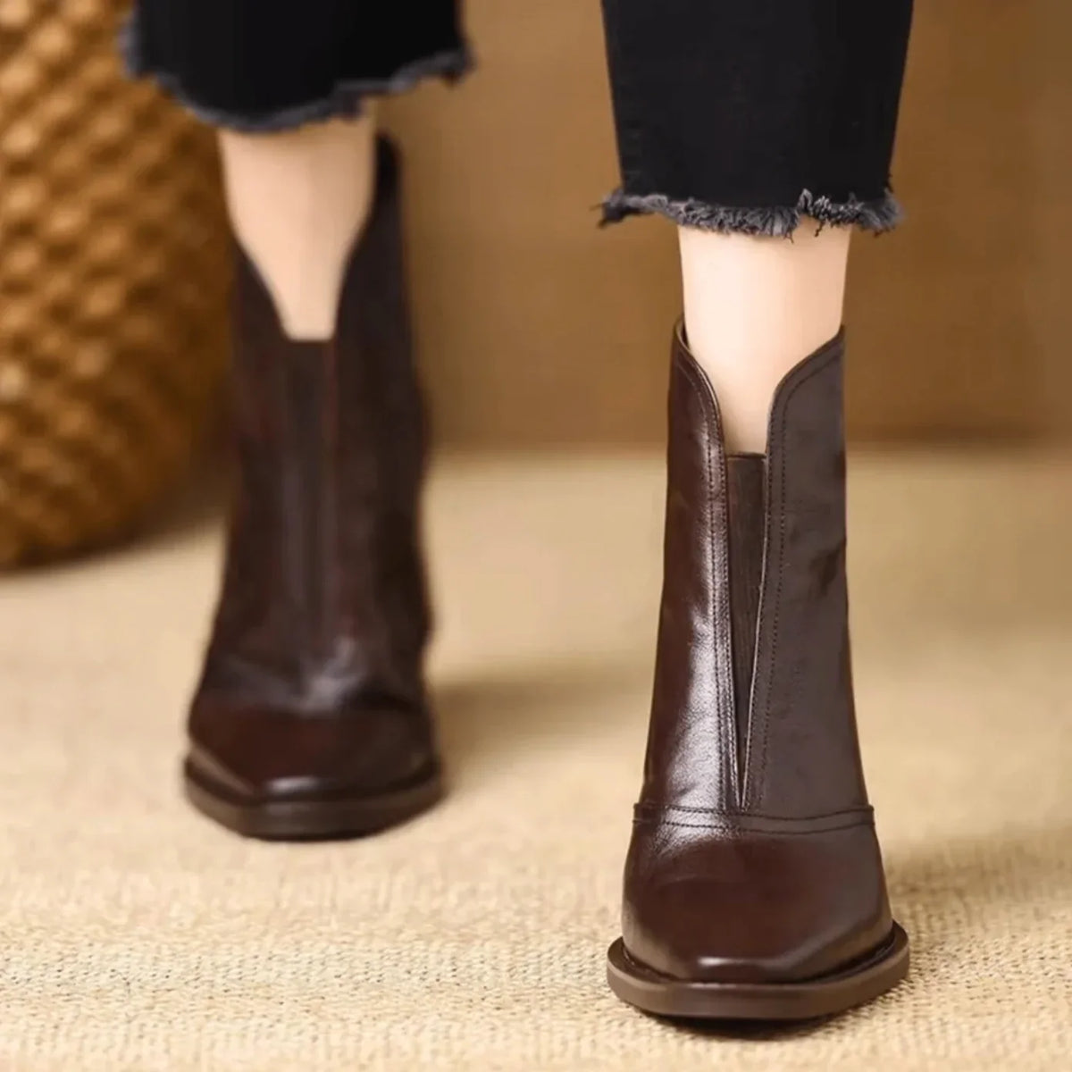 Boots For Women | Square Toe Leather Block Heel Ankle