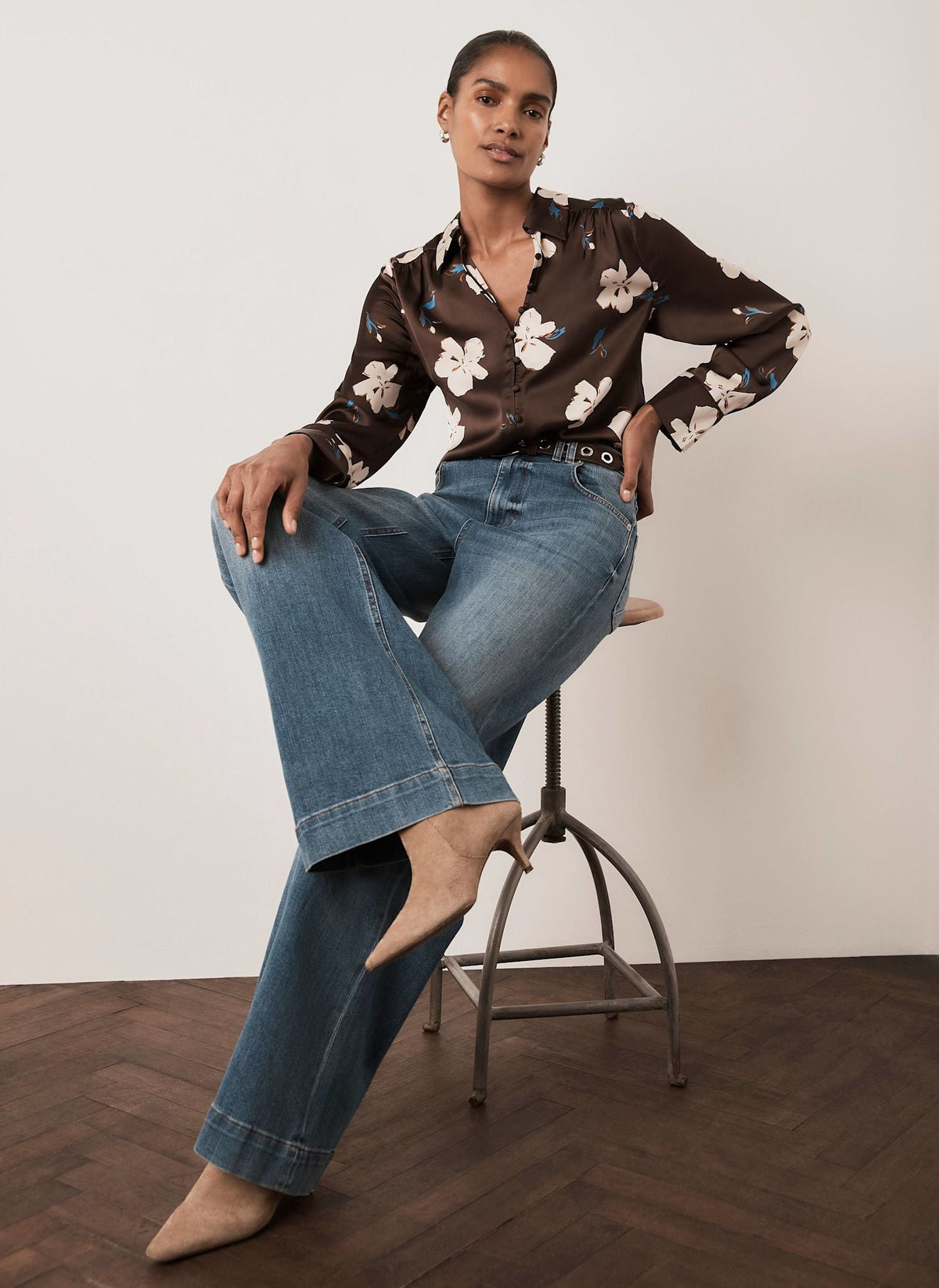 Brown Floral Print Shirt in Satin