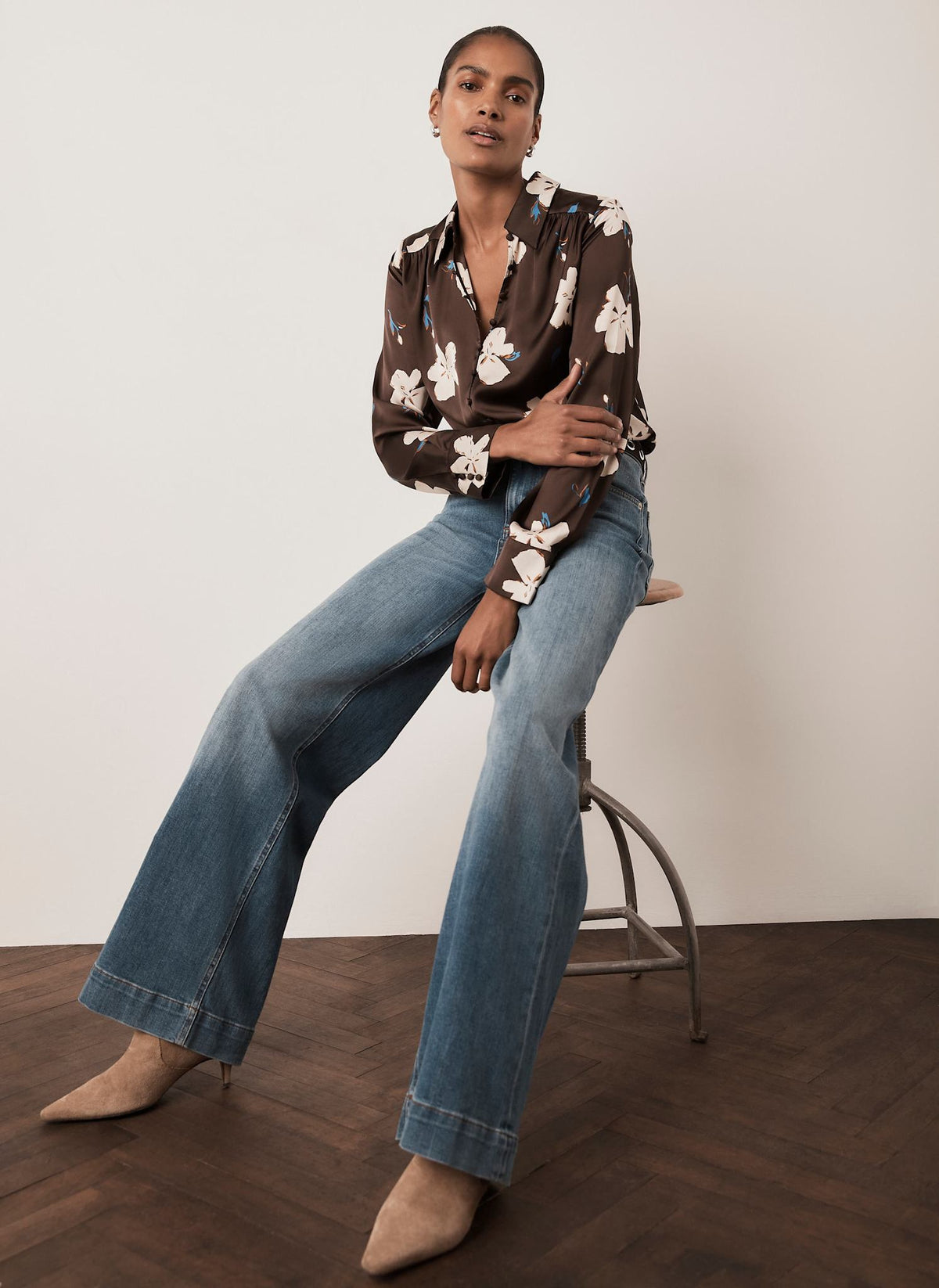 Brown Floral Print Shirt in Satin