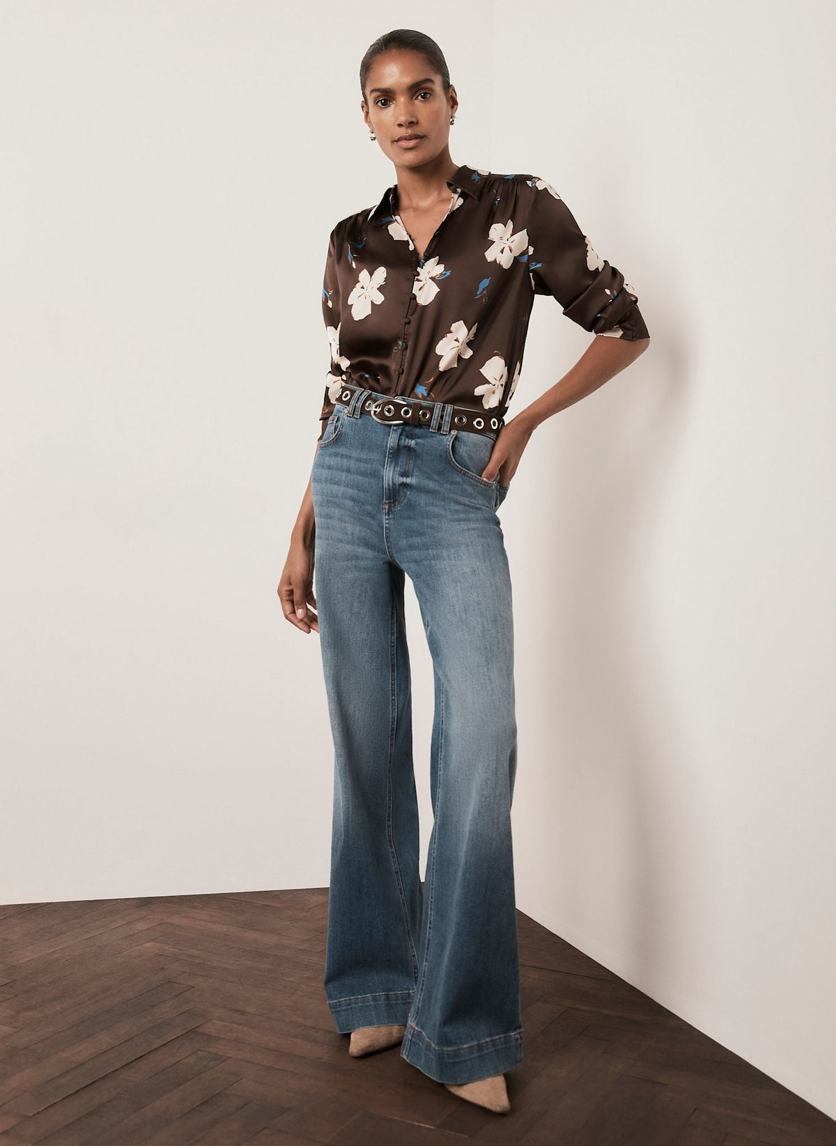 Brown Floral Print Shirt in Satin
