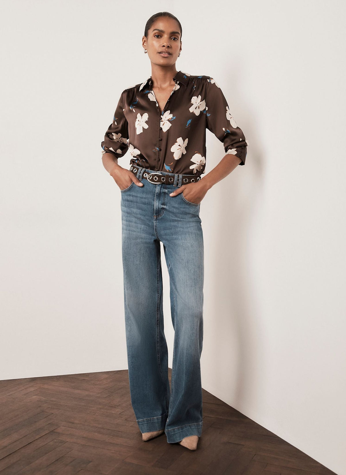 Brown Floral Print Shirt in Satin