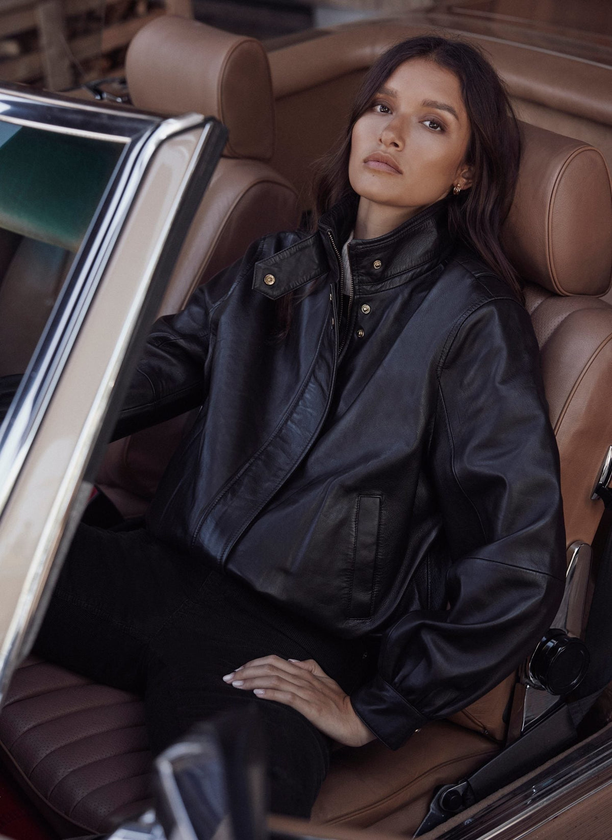 Brown Leather Ultimate Bomber Jacket with Funnel Neck
