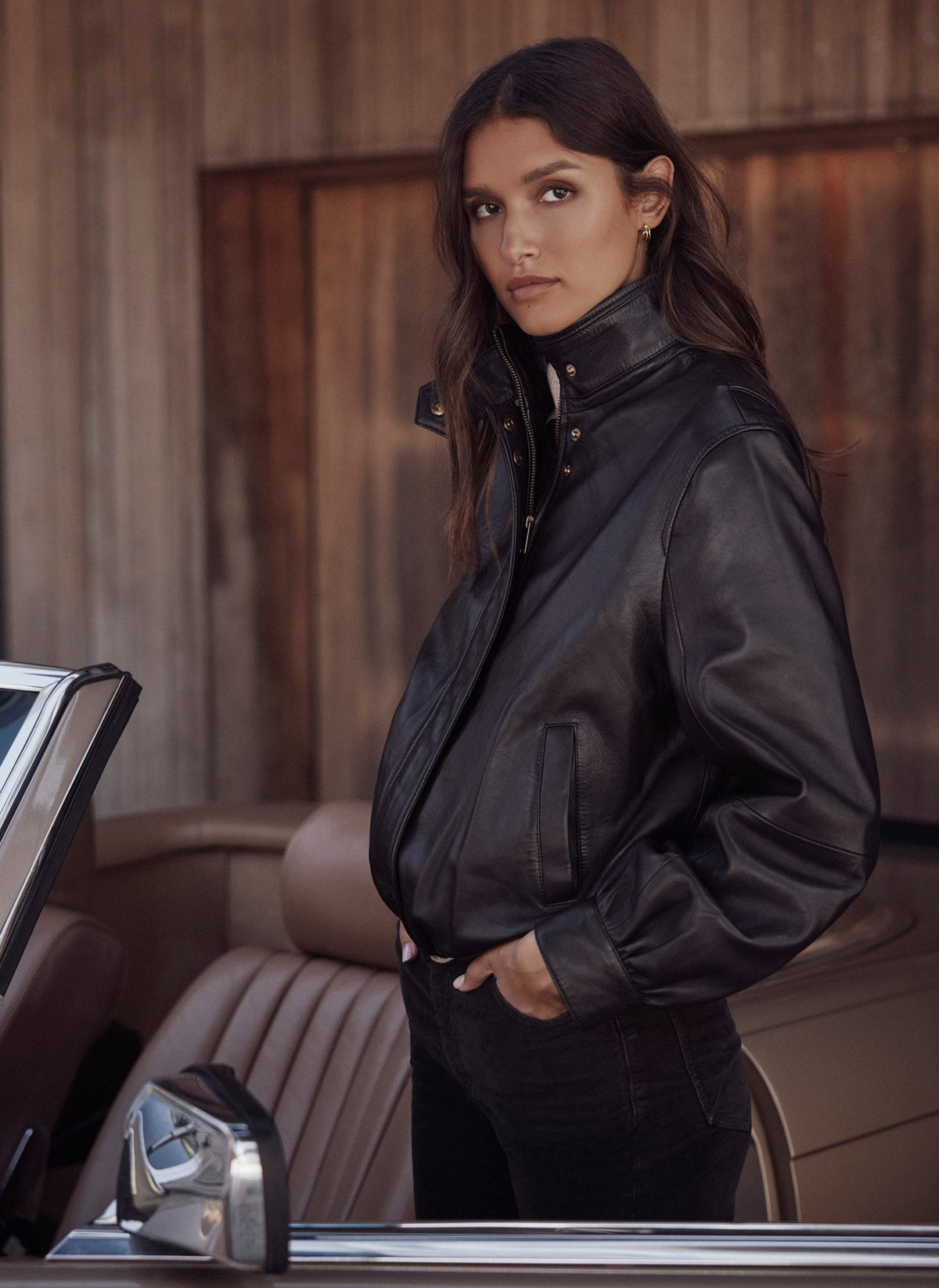 Brown Leather Ultimate Bomber Jacket with Funnel Neck
