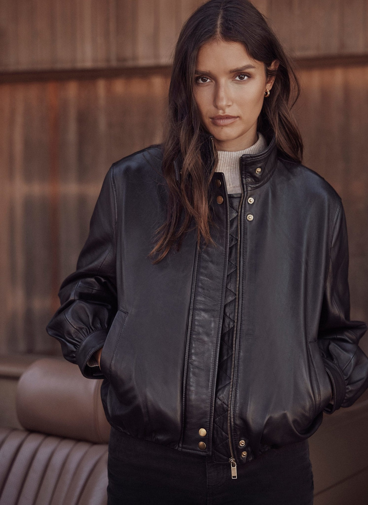 Brown Leather Ultimate Bomber Jacket with Funnel Neck