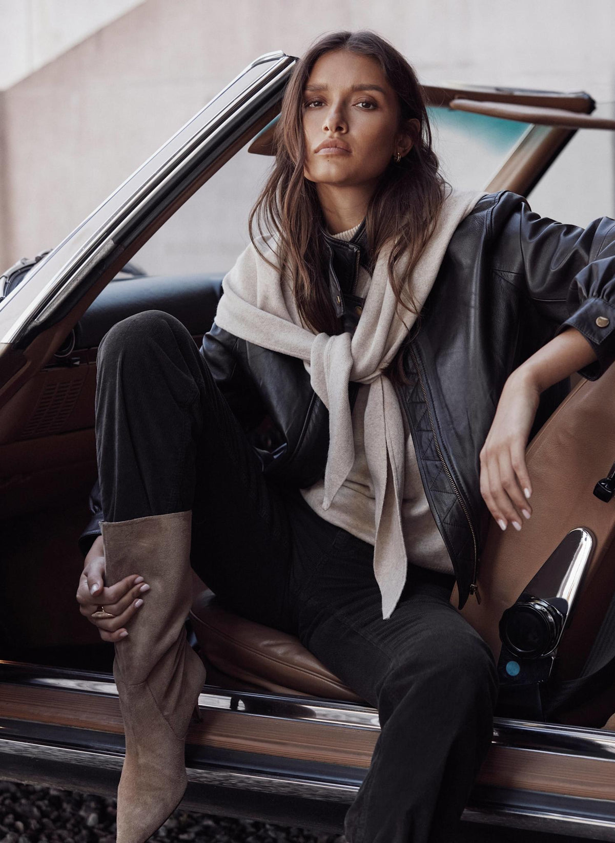 Brown Leather Ultimate Bomber Jacket with Funnel Neck
