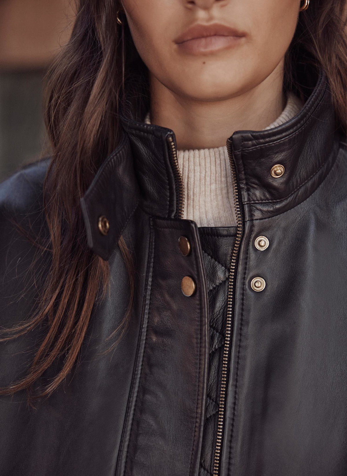 Brown Leather Ultimate Bomber Jacket with Funnel Neck