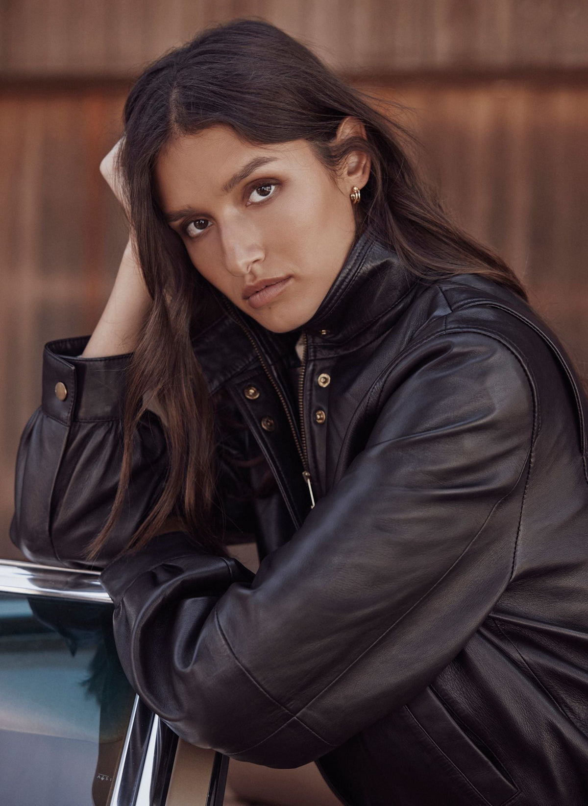 Brown Leather Ultimate Bomber Jacket with Funnel Neck