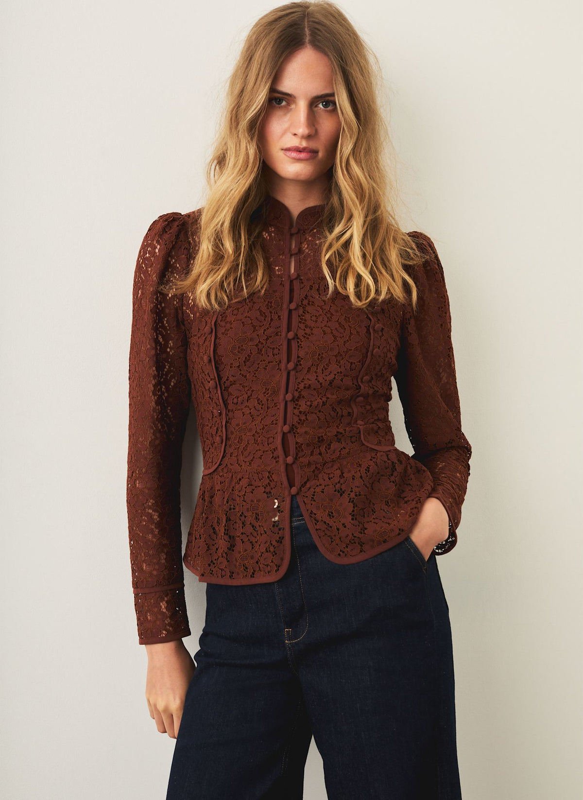 Brown Rust Mandarin Collar Lace Blouse