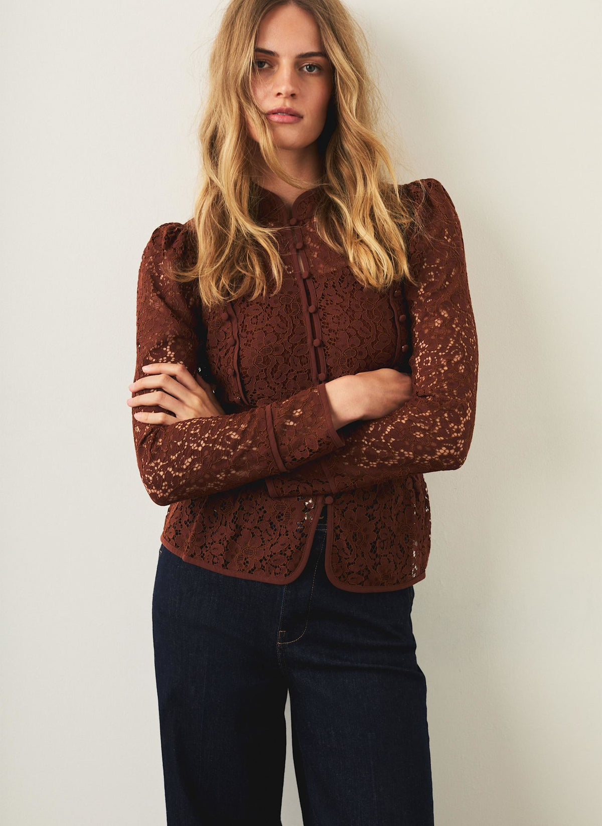 Brown Rust Mandarin Collar Lace Blouse